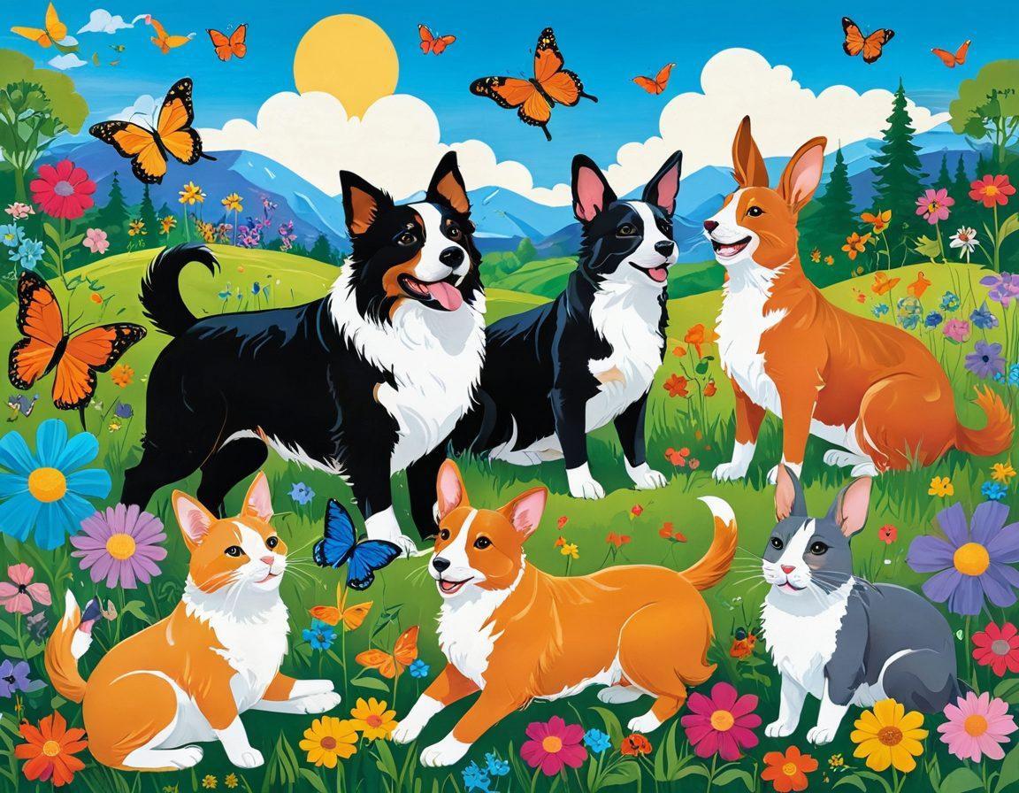 A whimsical scene depicting various happy animals—dogs, cats, rabbits, and birds—playing together in a sunlit meadow filled with colorful flowers and butterflies. Each creature showcases a unique expression of joy, emphasizing their playful interactions. A serene backdrop of rolling hills under a bright blue sky enhances the sense of well-being. The vibrant colors and cheerful atmosphere create an uplifting vibe. bright colors. cartoon style.