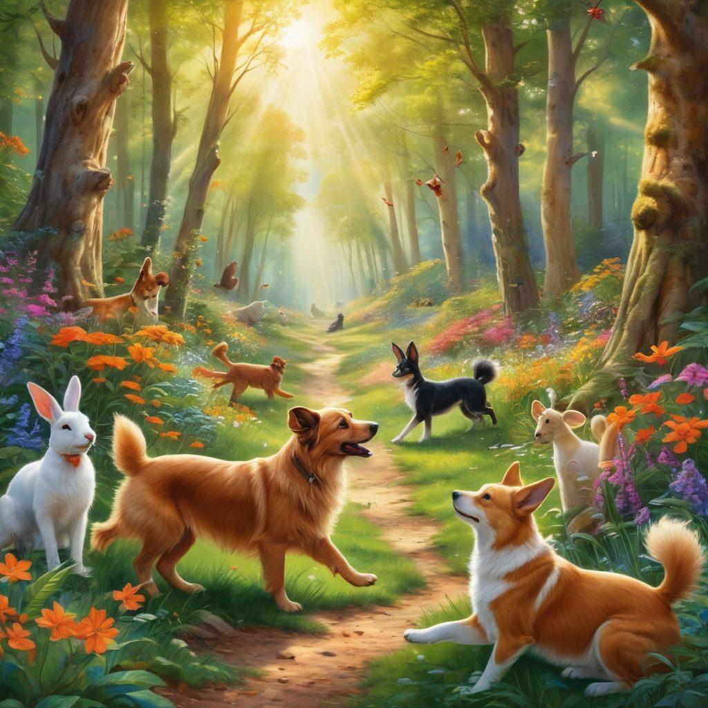 A whimsical scene depicting joyful animals interacting in a vibrant forest, showcasing a variety of species like playful dogs, curious cats, and gentle rabbits, all radiating happiness. Include elements that symbolize well-being, such as lush greenery, colorful flowers, and warm sunlight streaming through the trees. The animals should display playful postures and joyful expressions, creating a sense of harmony and interconnectedness. super-realistic. vibrant colors. nature background.