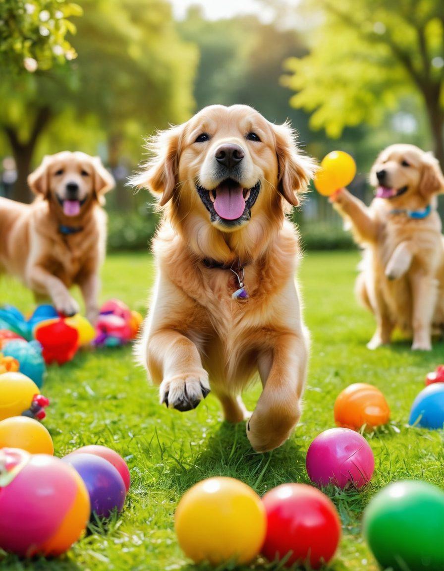 A joyful scene of a golden retriever playing in a sunny park, surrounded by colorful toys and a group of cheerful children. Capture the bond between pets and their owners, featuring lush greenery and flowers in the background. The emphasis should be on happiness and well-being, conveying a sense of joy and playfulness. vibrant colors. super-realistic.